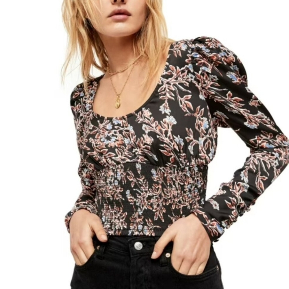 Free People Santiago Cropped Smocked Floral Puff Sleeve Top-NWT